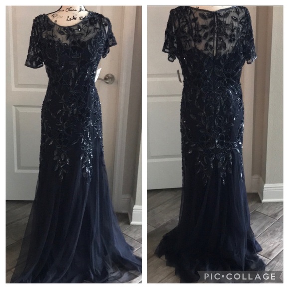 Adrianna papell PLUS SIZyshort sleeves Floral Beaded Godet long Gown - Picture 12 of 16